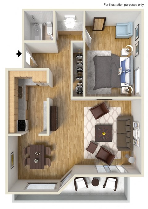 Floor plan for 1 bed, 1 bath, 672 sqft
